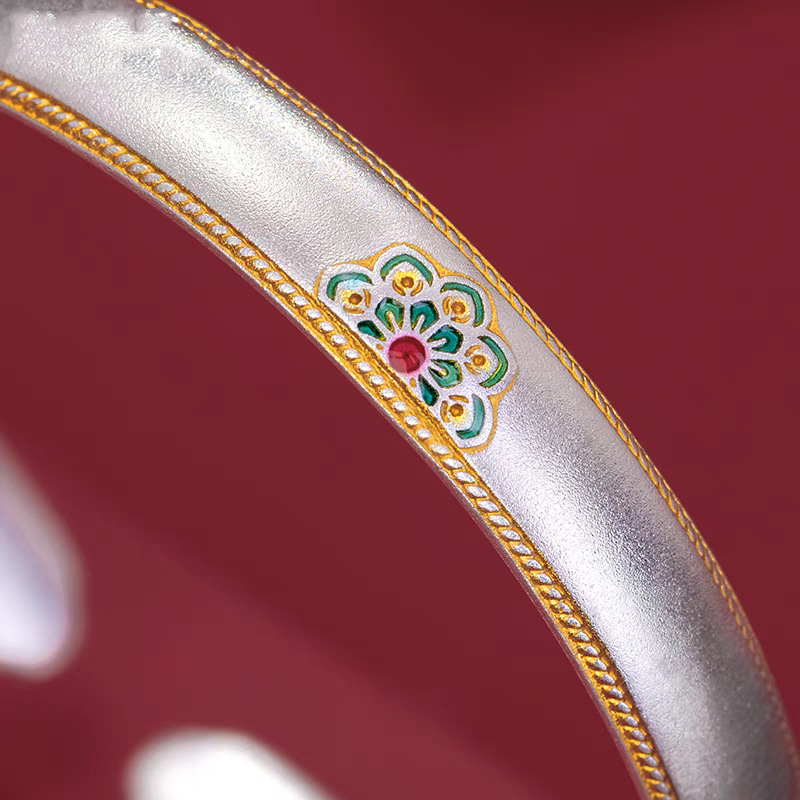 Enamel flower bangle bracelet, gold-plated, solid resin