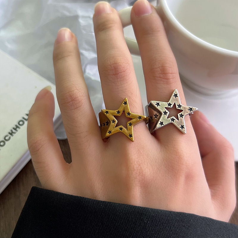 Five-pointed star 925 silver ring, hip-hop design