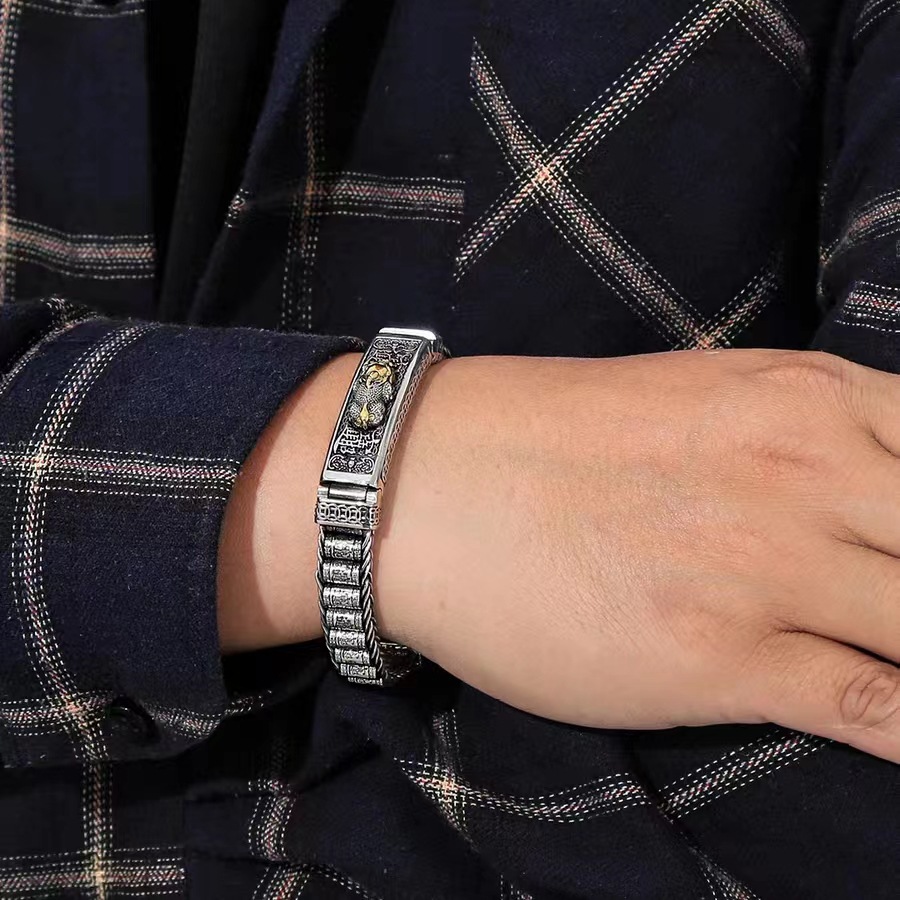 Pixiu silver bracelet, 18 beads, vintage design, wide band