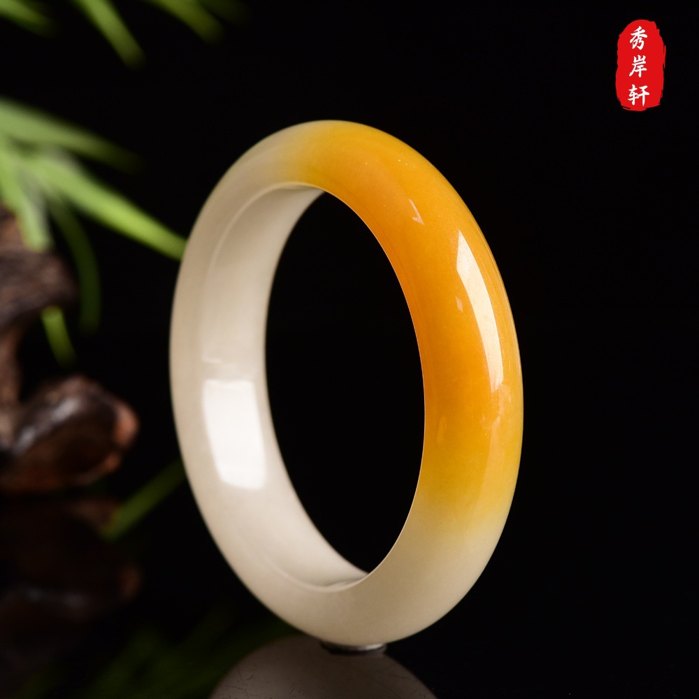 Natural yellow long jade bracelet with gold thread, wide design