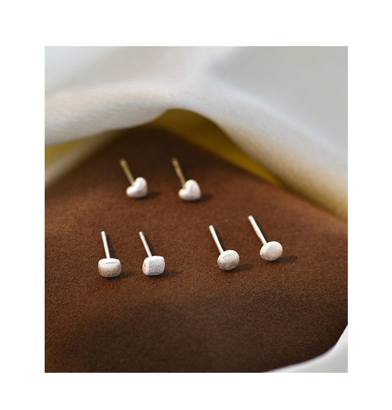 S999 Sterling Silver Earrings, Frosted, Heart/Round/Square Designs