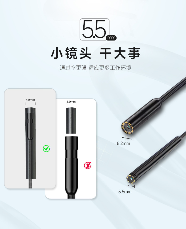 Endoscope 5.5mm, 4.3 inch display, automotive inspection, wide angle waterproof