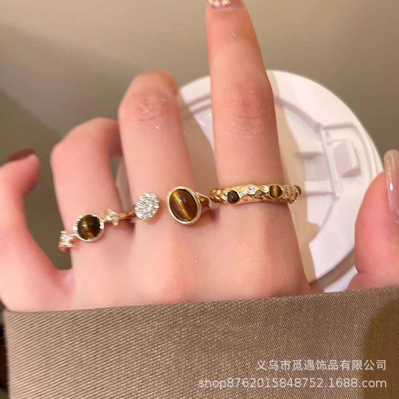 Tiger eye star water drop open ring