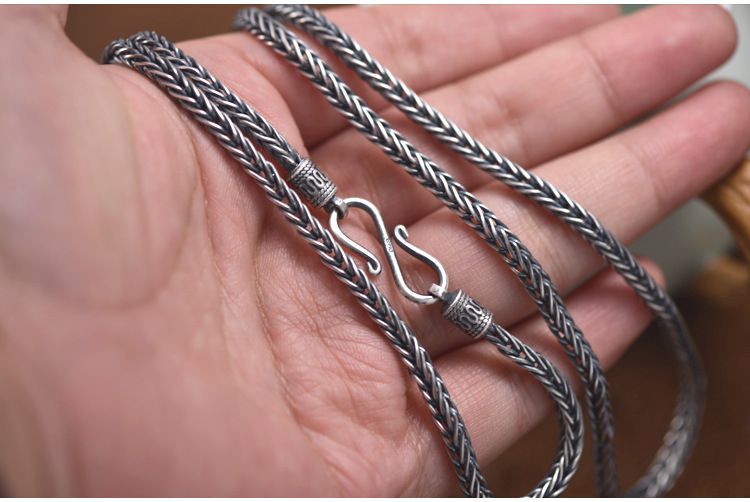 990 saf gümüş erkek kolye yılan kemik zinciri, el dokuması Tay 4mm