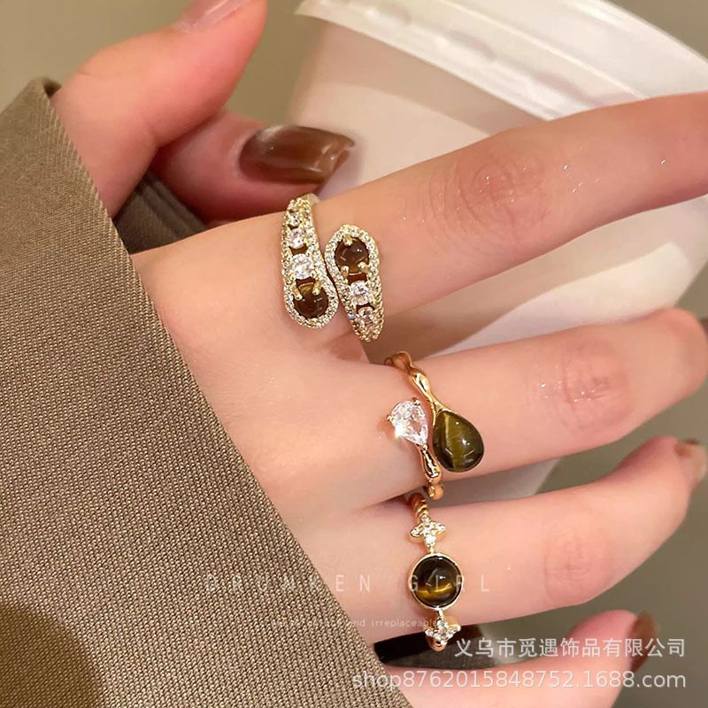 Tiger eye star water drop open ring