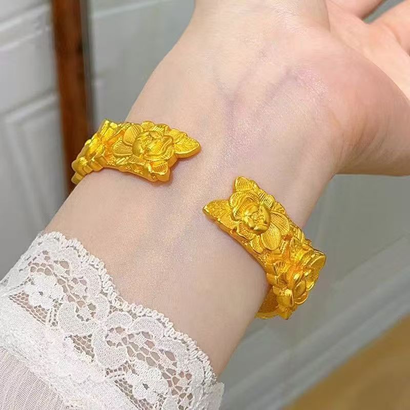 3D carved peony bracelet, solid gold-colored Chinese style