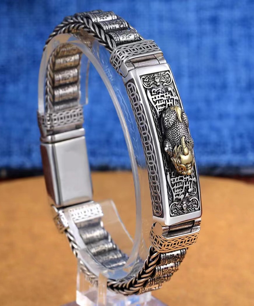 Pixiu silver bracelet, 18 beads, vintage design, wide band