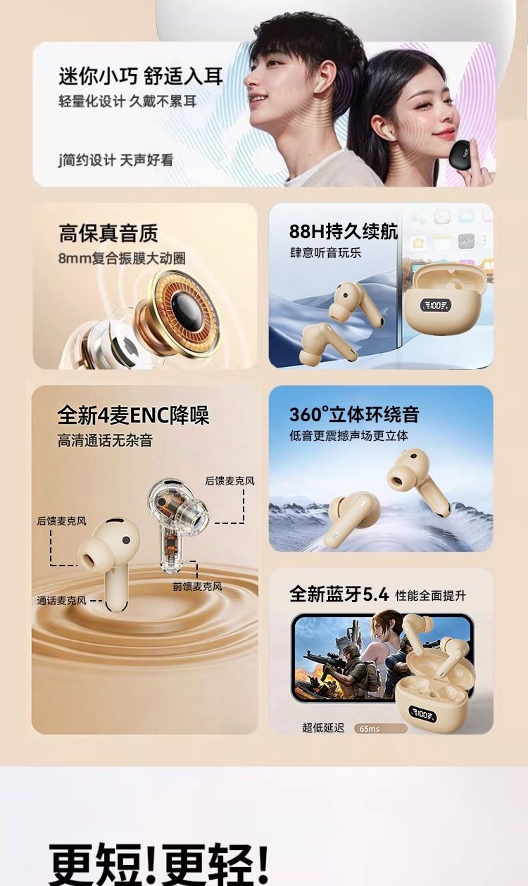 B44 wireless Bluetooth TWS earbuds with noise cancelling and display