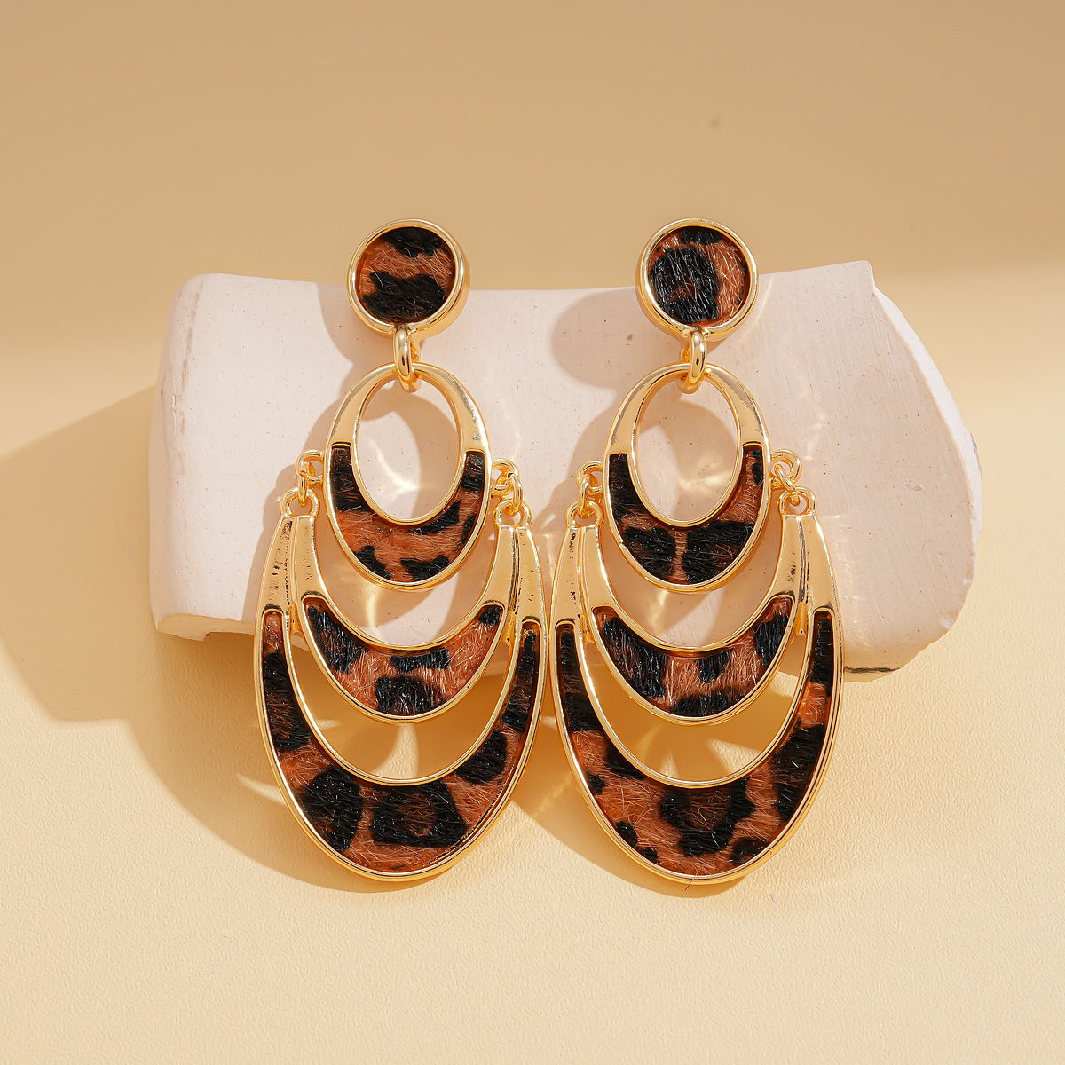 Leopard print earrings with faux horsehair, multi-layer design
