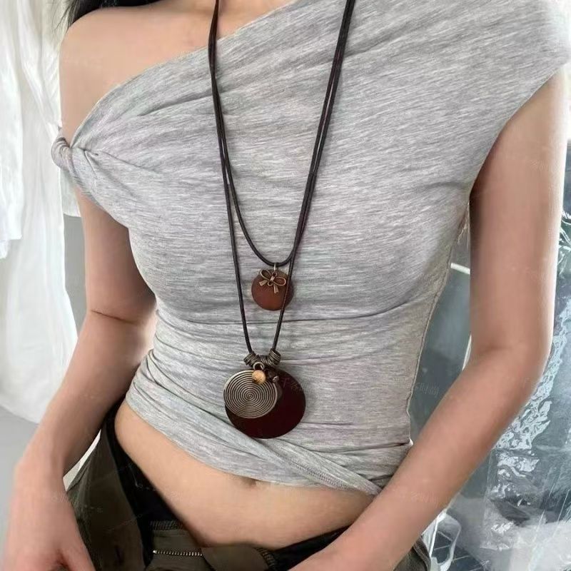 Round ring pendant necklace, black cord, long chain style