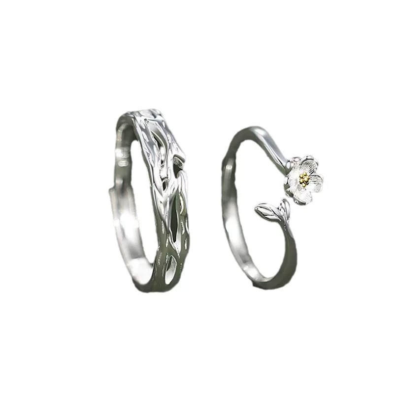 Mooli sterling silver S999 couple rings, leaf flower design