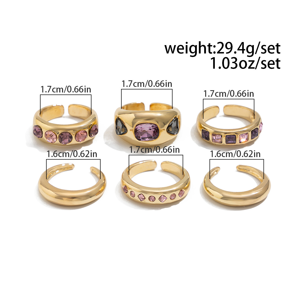 欧美跨境时尚ins风彩色宝石镶嵌戒指套装 金属质感光面指环Rings