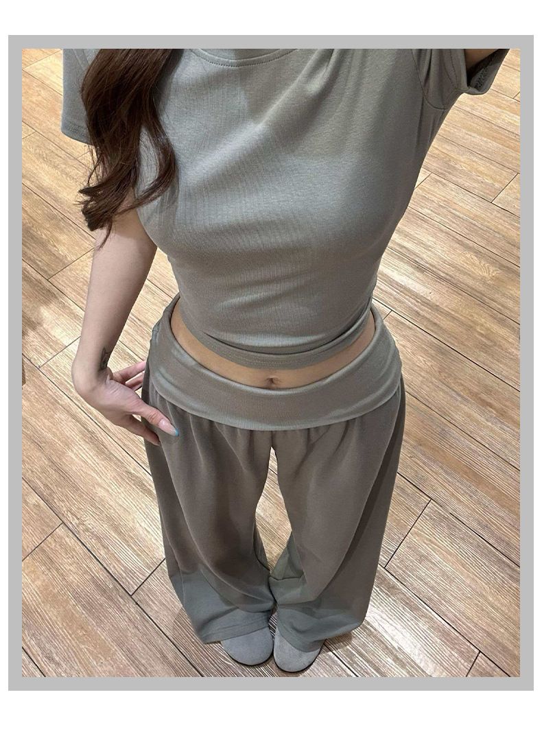 咖色翻腰运动裤女夏薄款慵懒随性瑜伽健身裤小个子垂感宽松阔腿裤