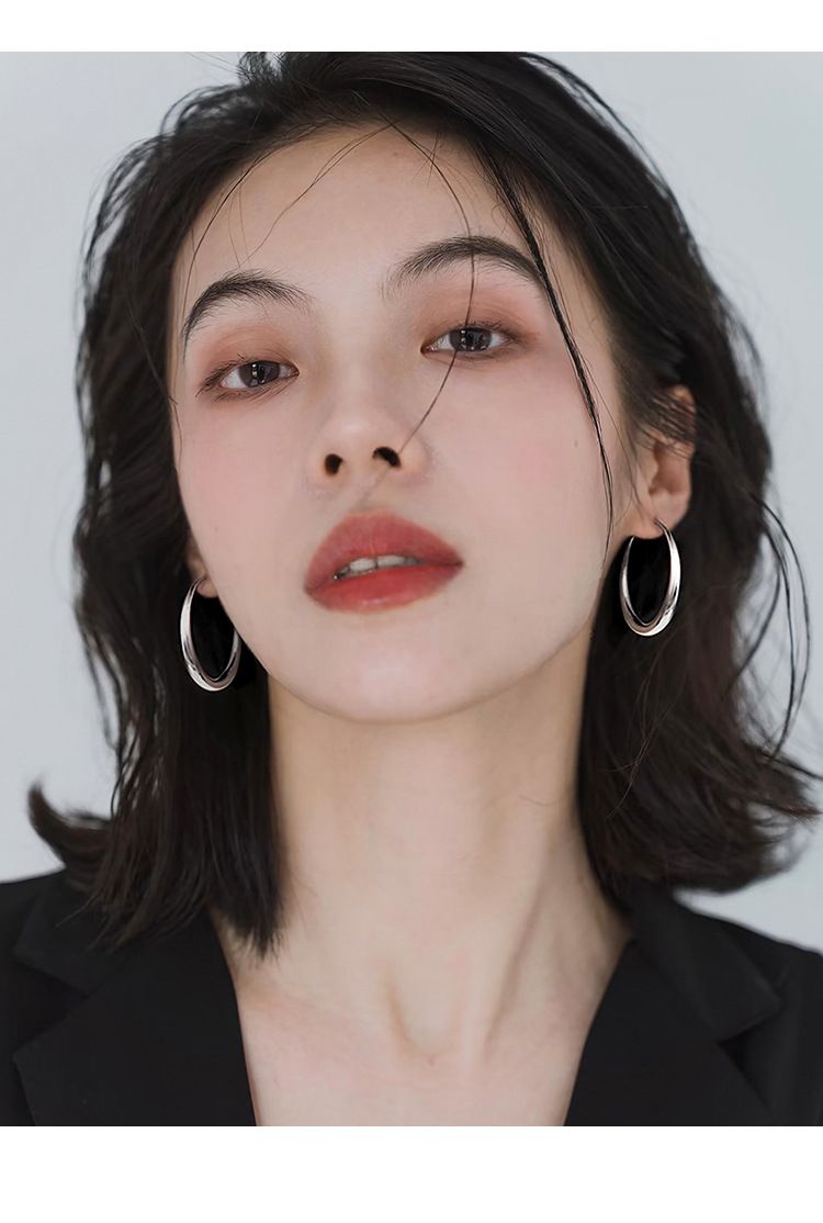S999纯银大圆圈耳环女款小众轻奢高级感个性素圈耳扣耳饰抖音代发