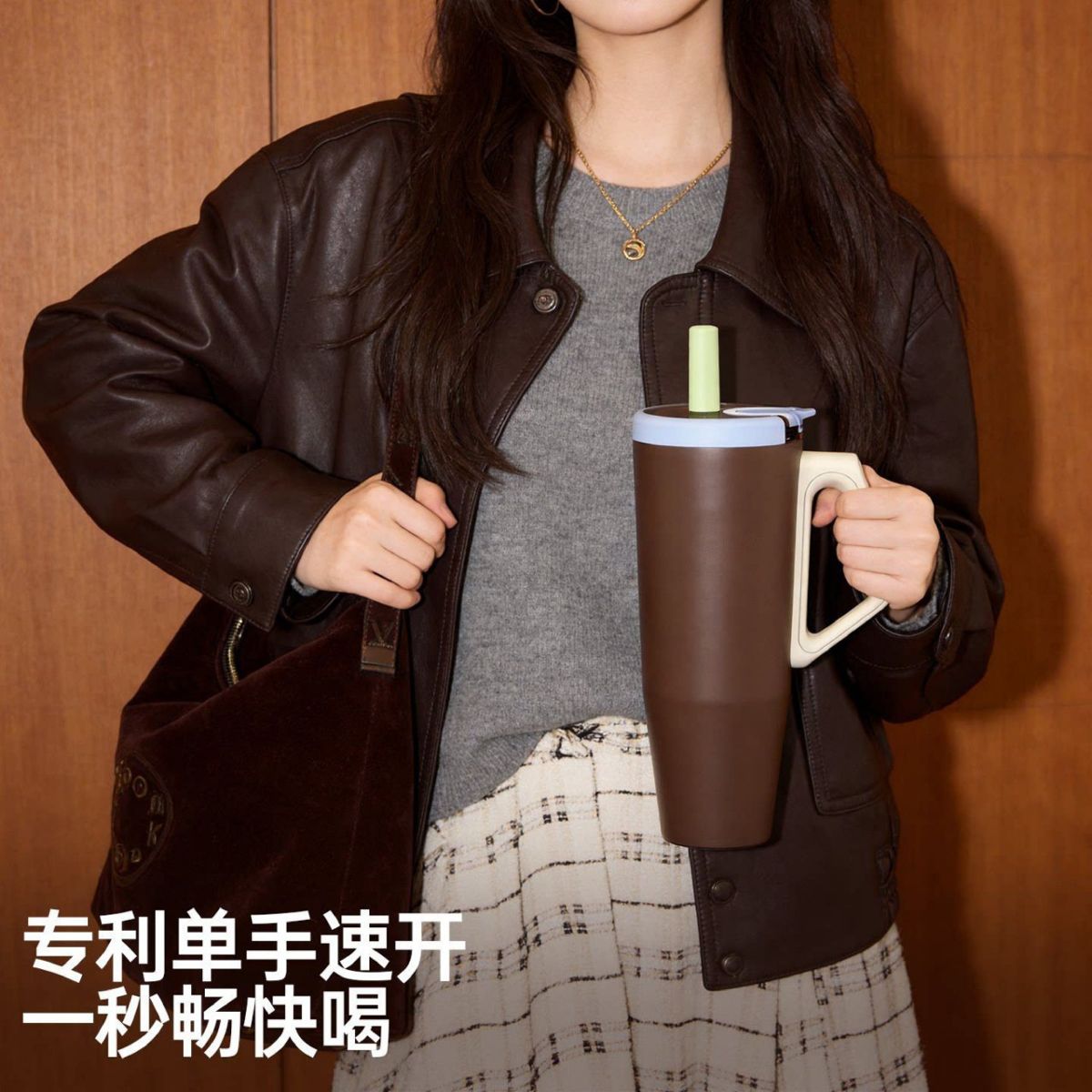 新款创意时尚手柄吸管杯316不锈钢双层真空保温杯户外旅行随行杯