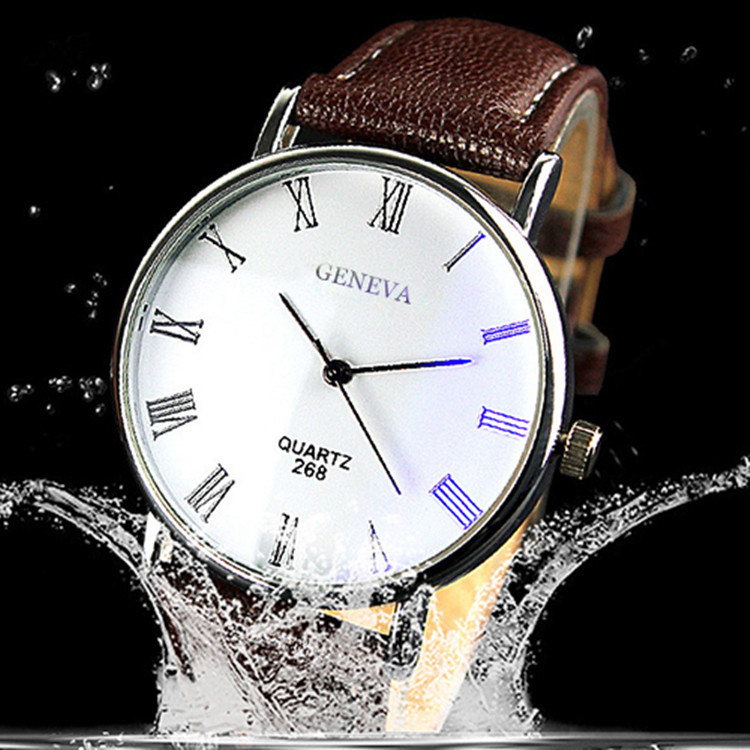 Korean fashion men's watch, alloy case, roman numerals, leather strap