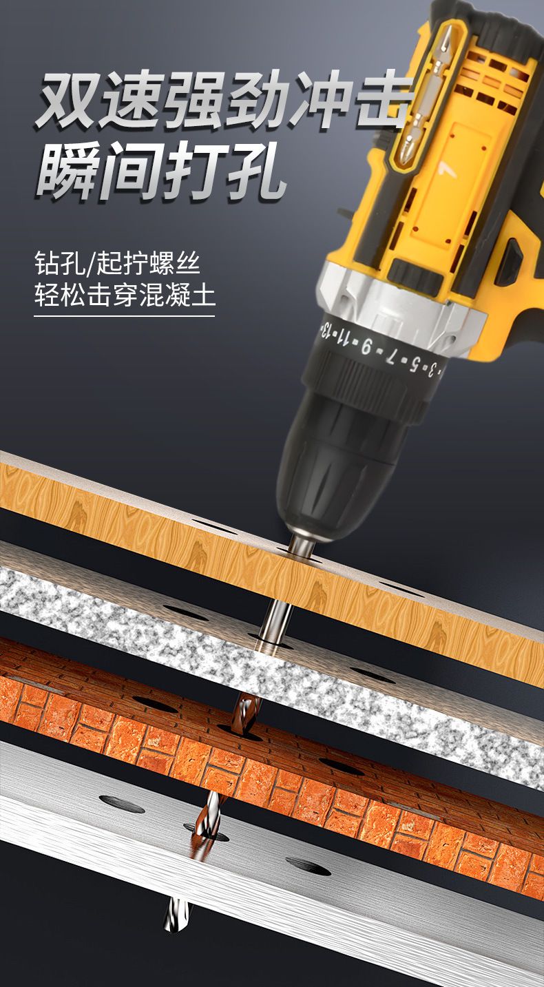 Rechargeable lithium electric drill with impact function and screwdriver set