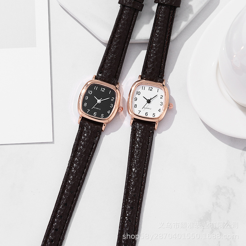 Damen-Quarzuhr quadratisch, Lederarmband