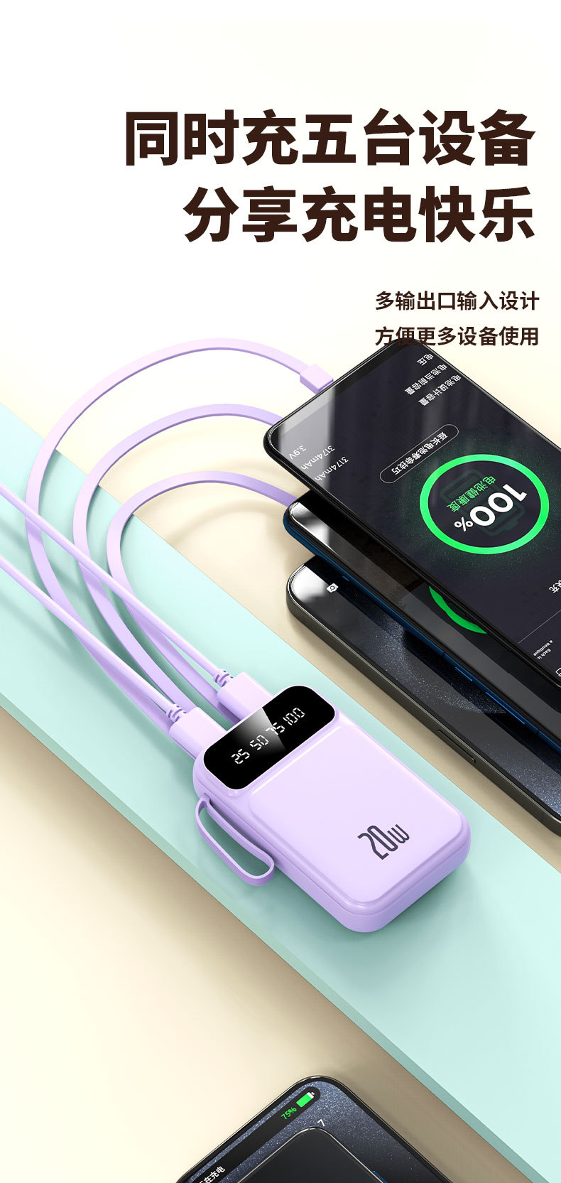 20000mAh powerbank, 3C sertifikalı, dört kablolu, uçağa uygun