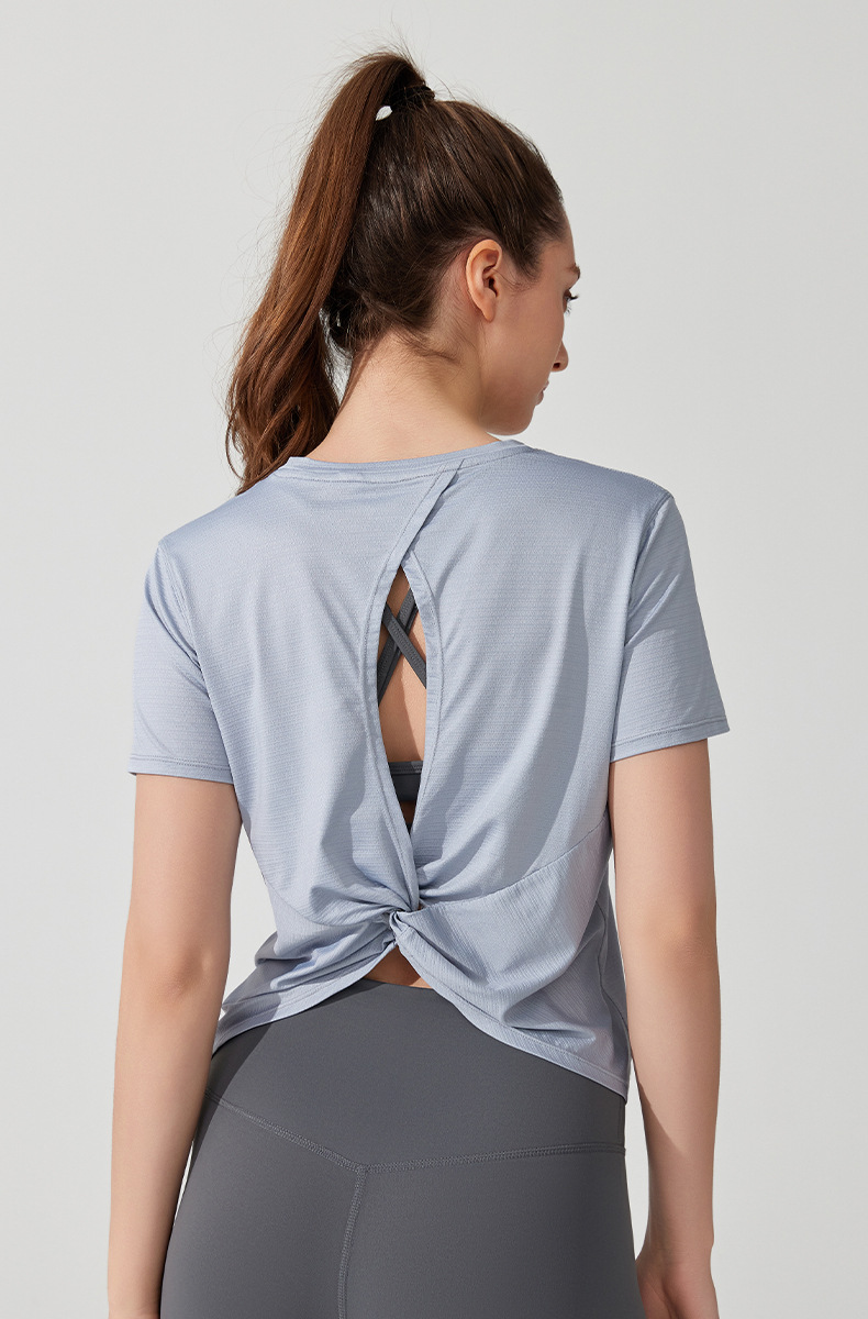 Yoga üst, kadın, kısa kollu, nefes alan, çıkık sırt