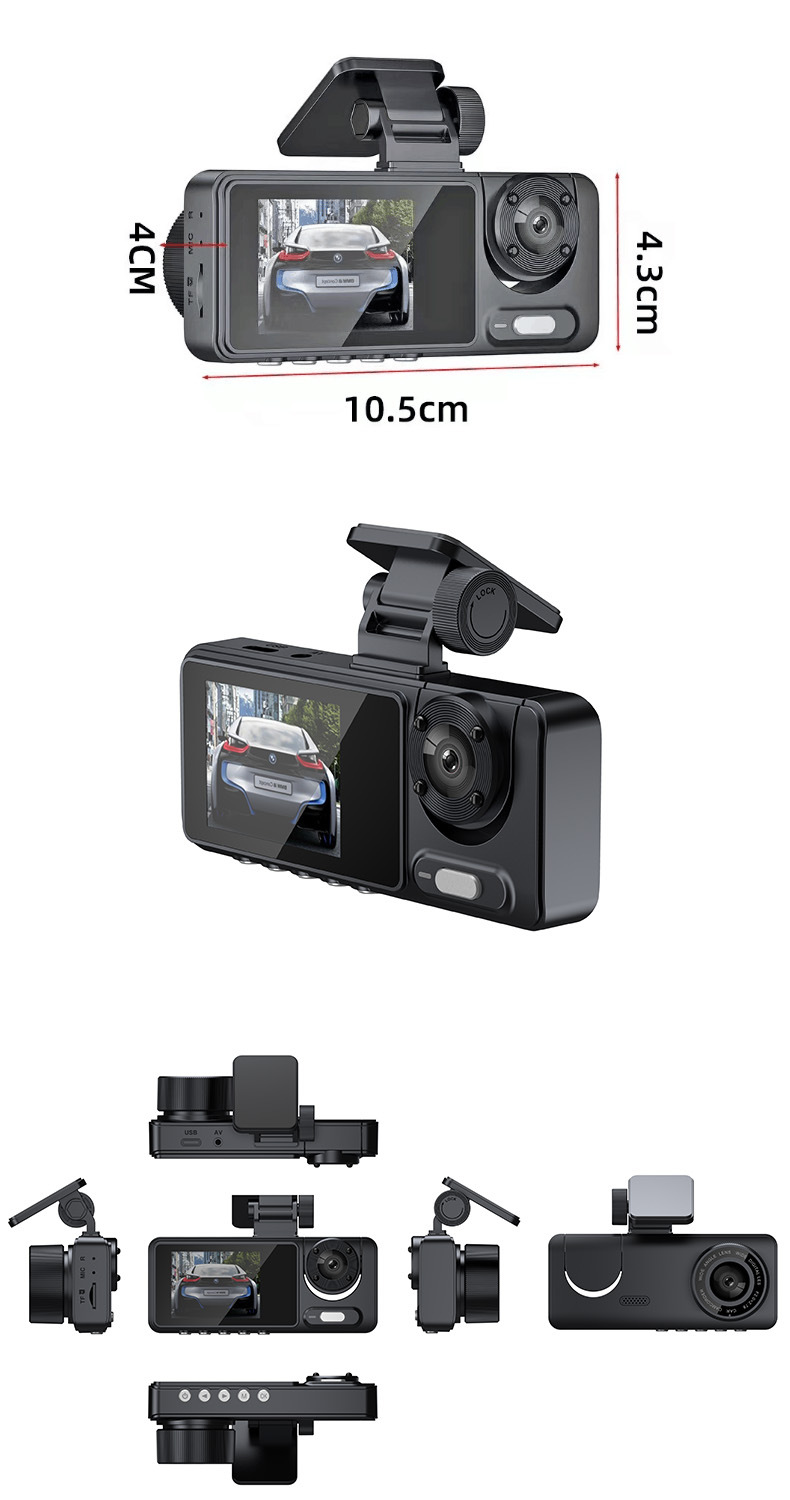 Araç kamerası üç lens kayıt, Full HD, gece görüşü, 2 inç