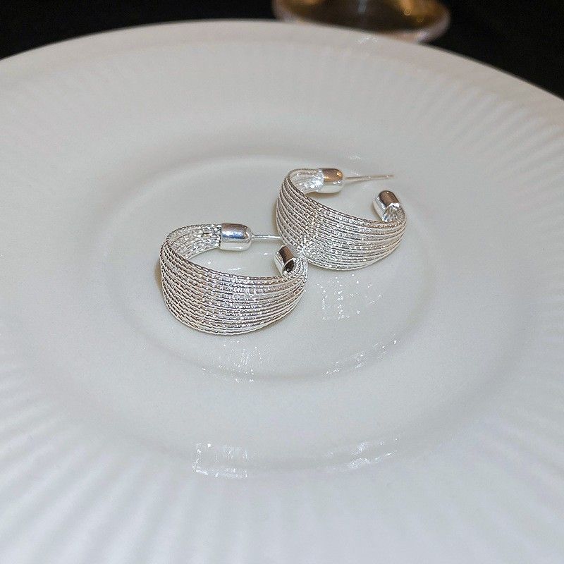 Silver needle C-shaped geometric earrings, elegant design