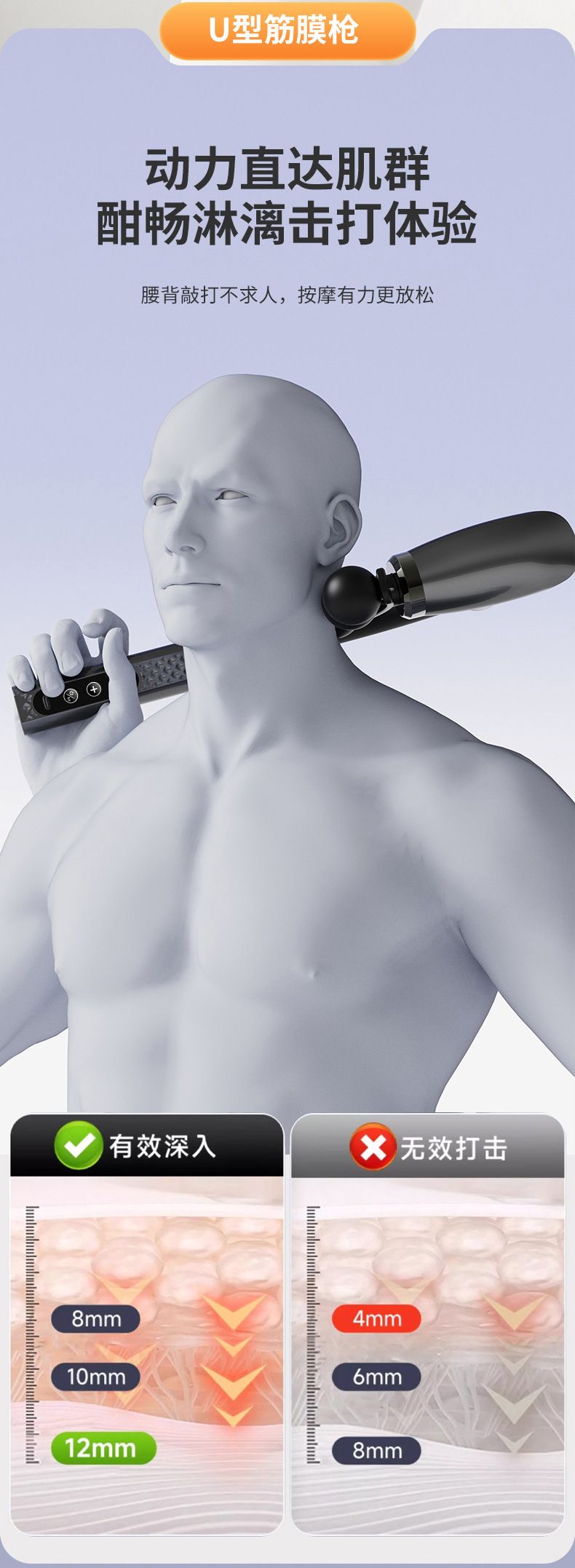 Curved head fascia gun for shoulder, neck, waist and back massage