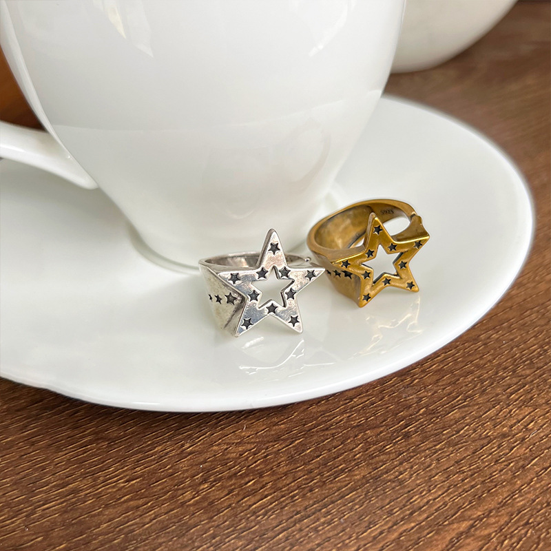 Five-pointed star 925 silver ring, hip-hop design