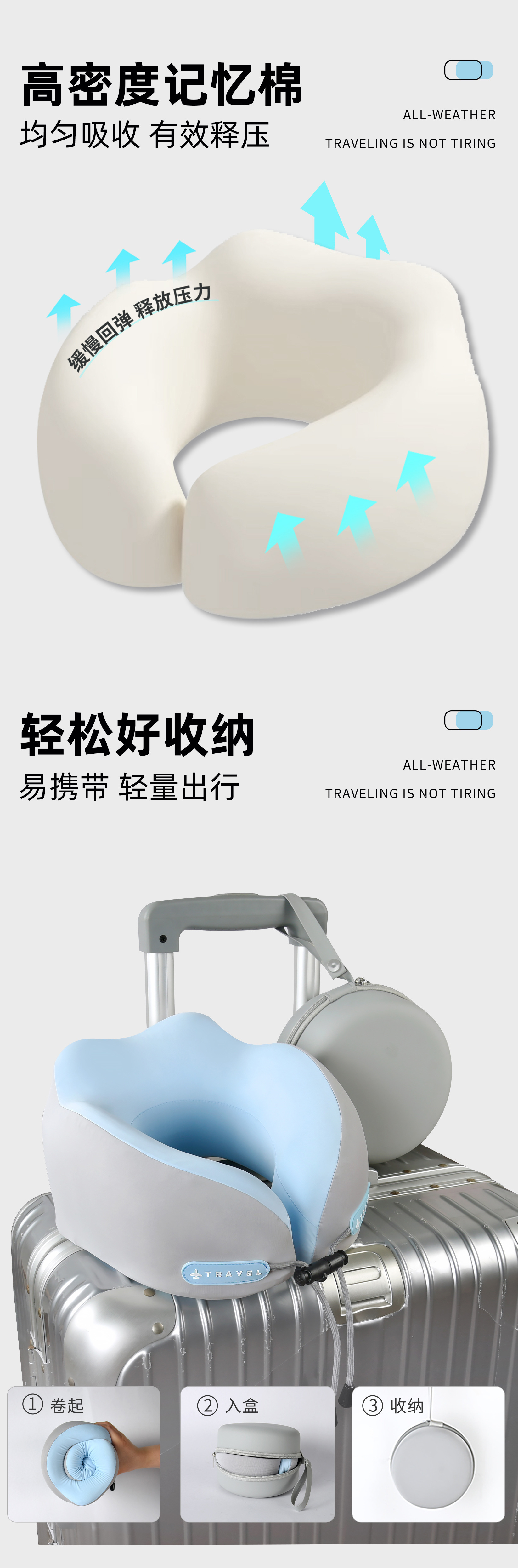 Memory foam U-shaped neck pillow, portable travel