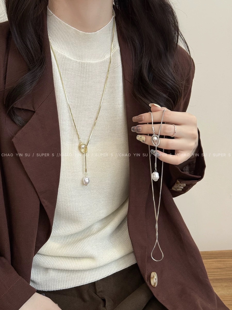 Pearl pendant long sweater chain necklace non-fading premium