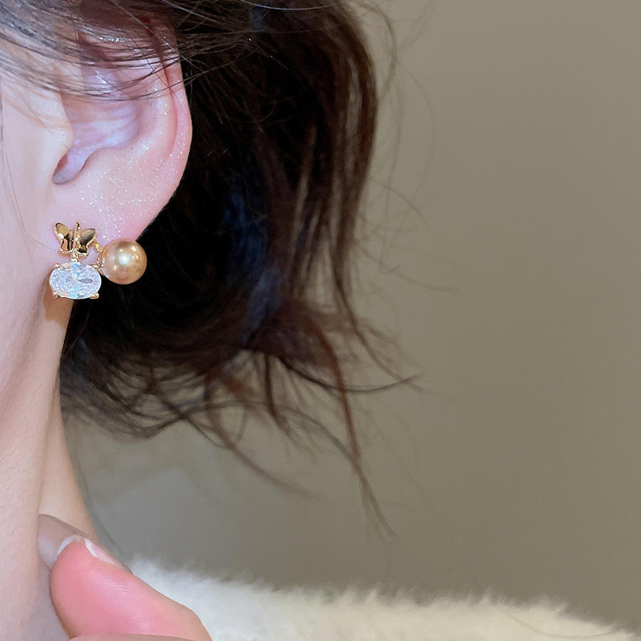 Zircon geometric pearl stud earrings, French style
