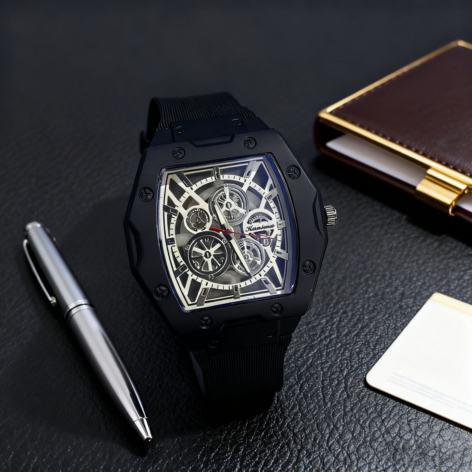 Men's quartz watch, barrel design, silicone strap, hollow dial