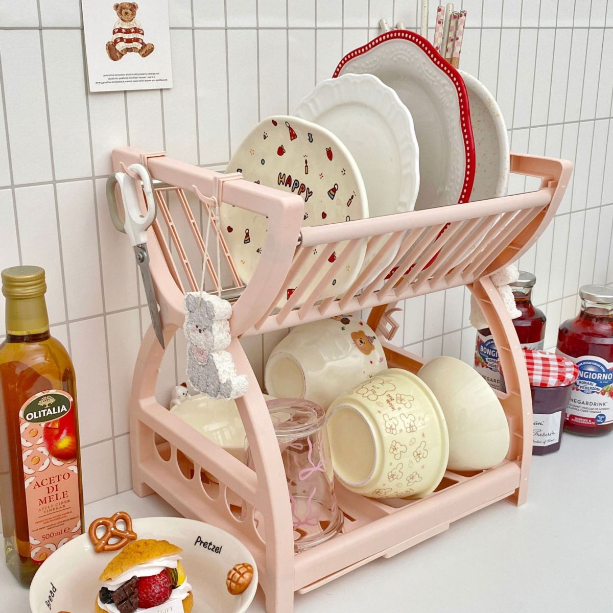Double-layer kitchen storage rack with drain shelf for tableware