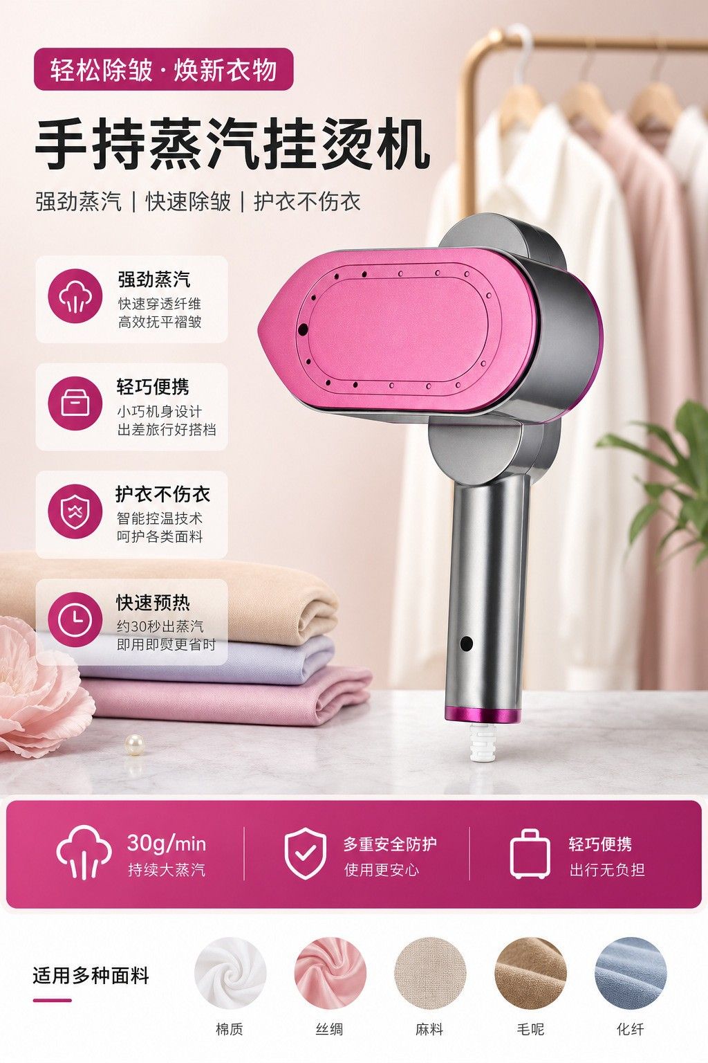 Smart color screen handheld garment steamer, portable mini compact