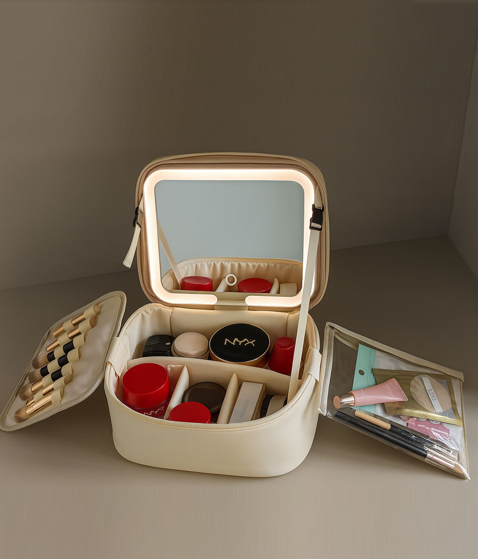 Makeup bag with mirror and LED light, portable organizer