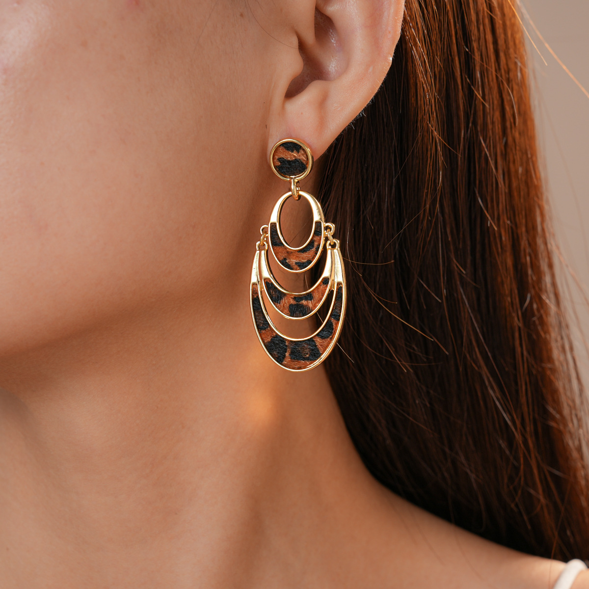 Leopard print earrings with faux horsehair, multi-layer design