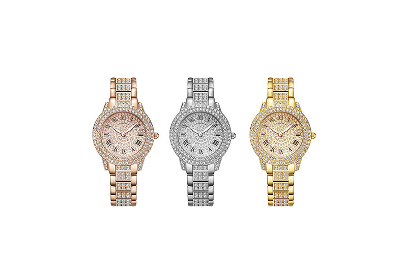 Women's diamond-studded quartz watch with Roman numerals and bracelet design