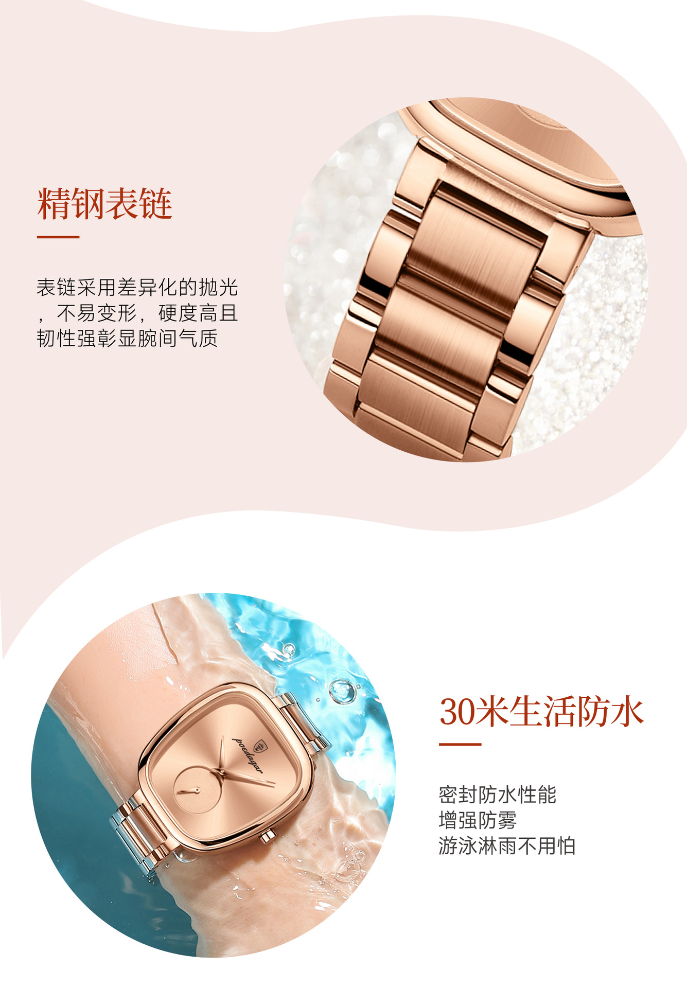 Luxury women's quartz wristwatch, waterproof, casual style