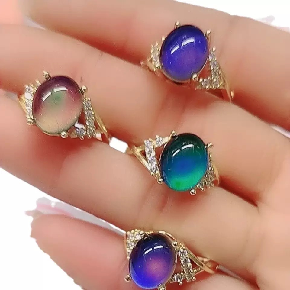 Temperature-Sensitive Stone Ring, Color-Changing, Diamond Micro-Embedded