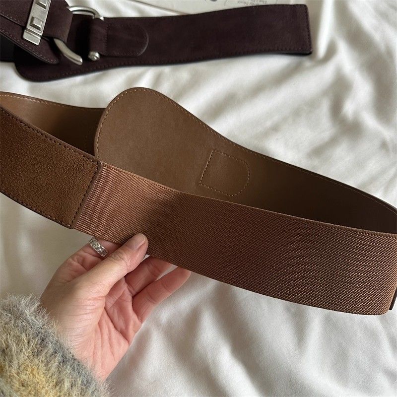 Women's suede belt with silver buckle, wide and elastic