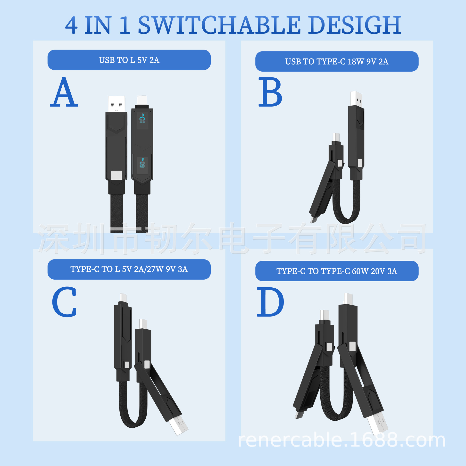 65W 4-in-1-Ladekabel, digitales Display, Zinklegierung