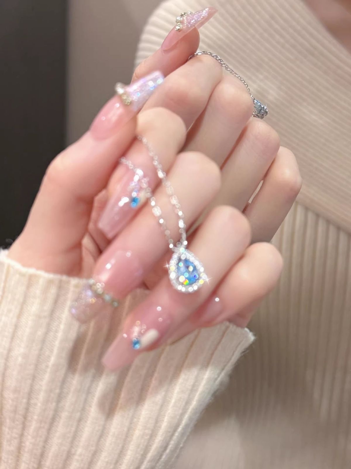 S999足银蓝眼泪项链轻奢小众时尚水滴吊坠纯银锁骨链送女朋友礼物