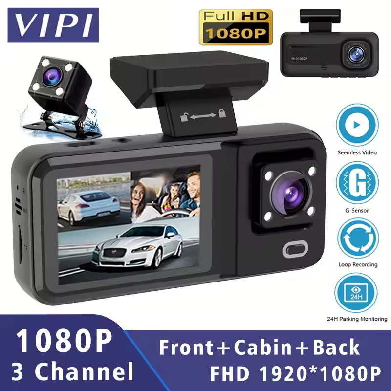 Üç kameralı araç kaydedici, 1080P Full HD, ön/arka/iç kamera, WiFi