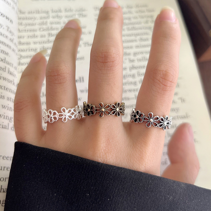 Lanzhi snowflake pattern 925 silver retro ring