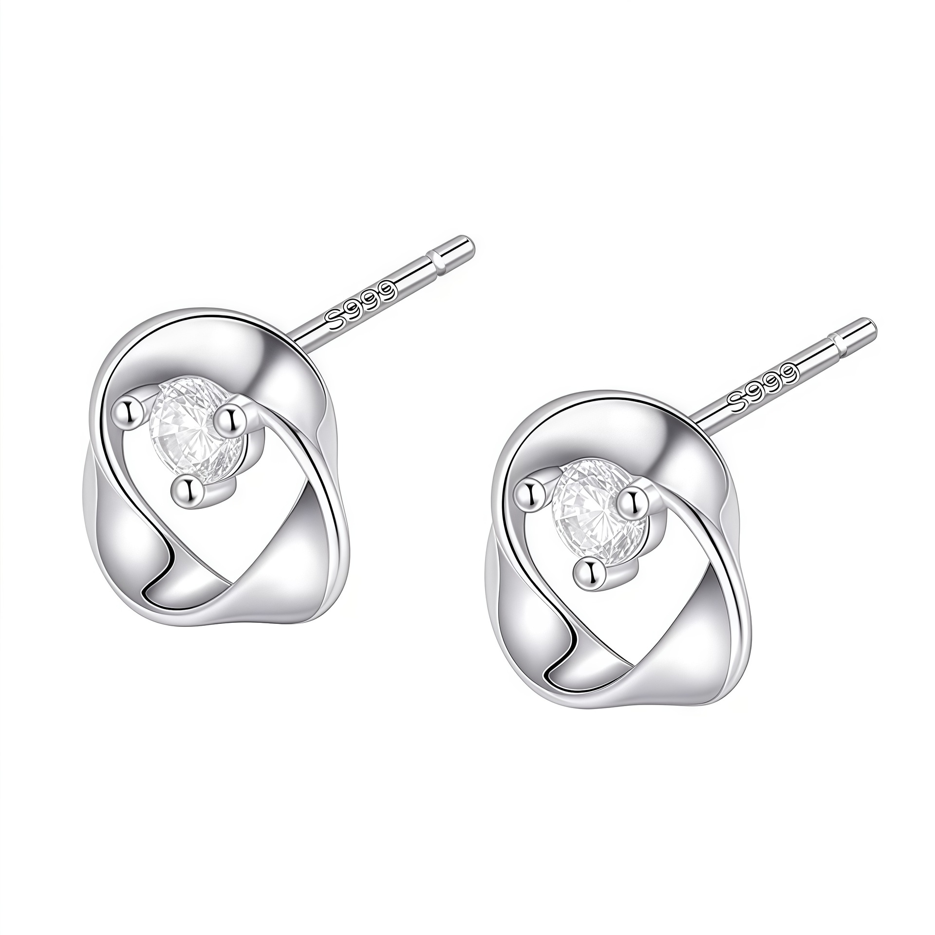 S999 silver Mobius stud earrings, sleep-friendly design