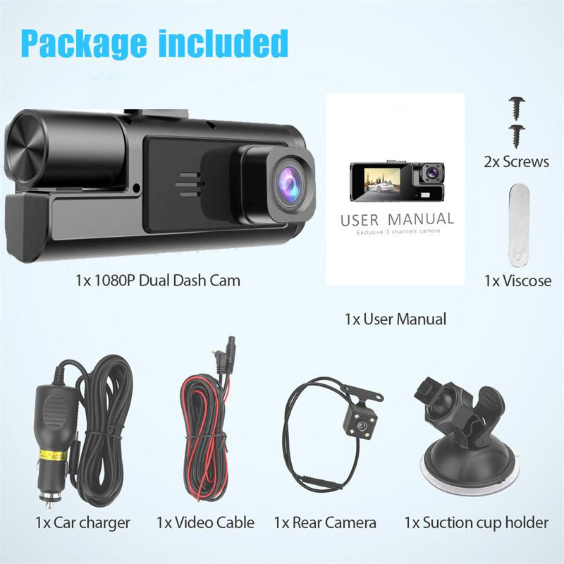 Dashcam, 3-lens, Full HD backup camera, smartphone connected