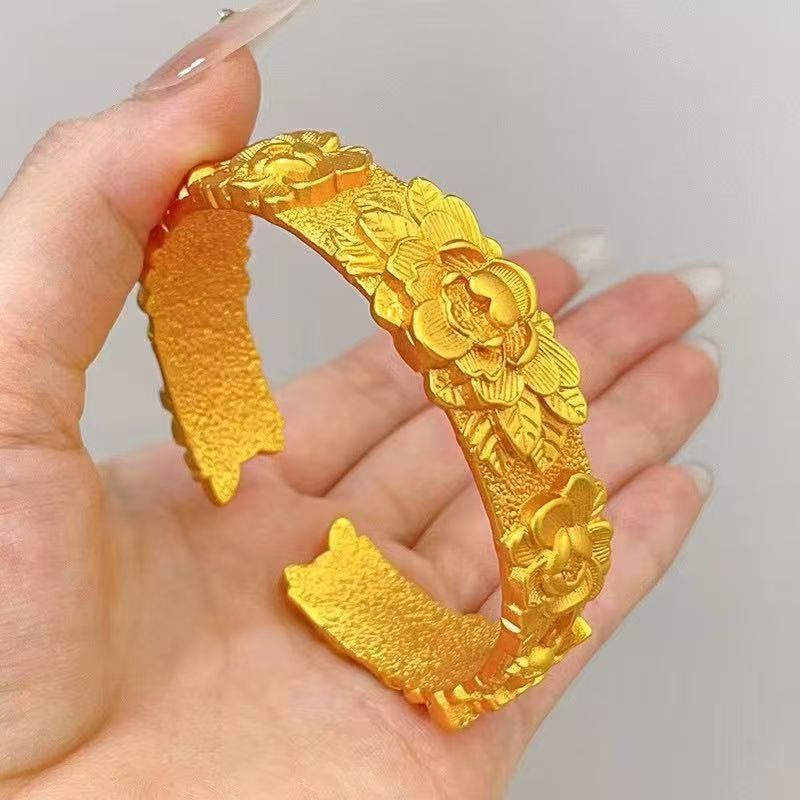 3D carved peony bracelet, solid gold-colored Chinese style