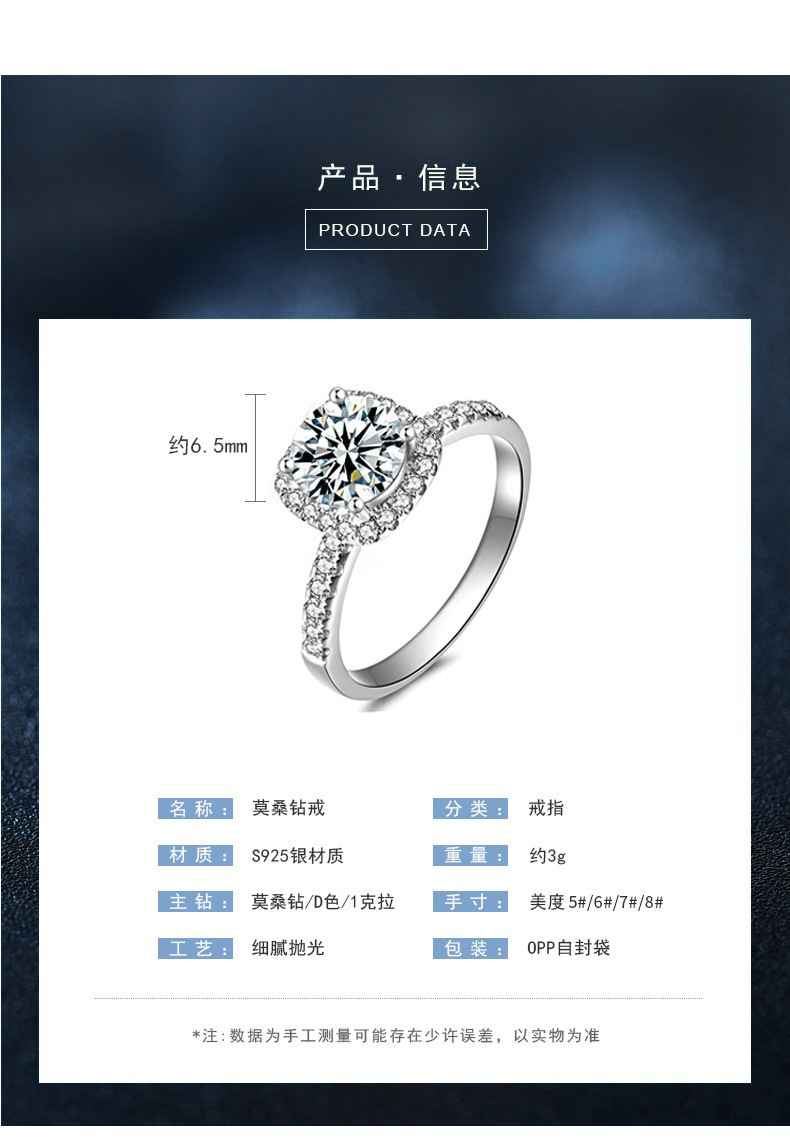 S925 silver moissanite sugar cube ring for women