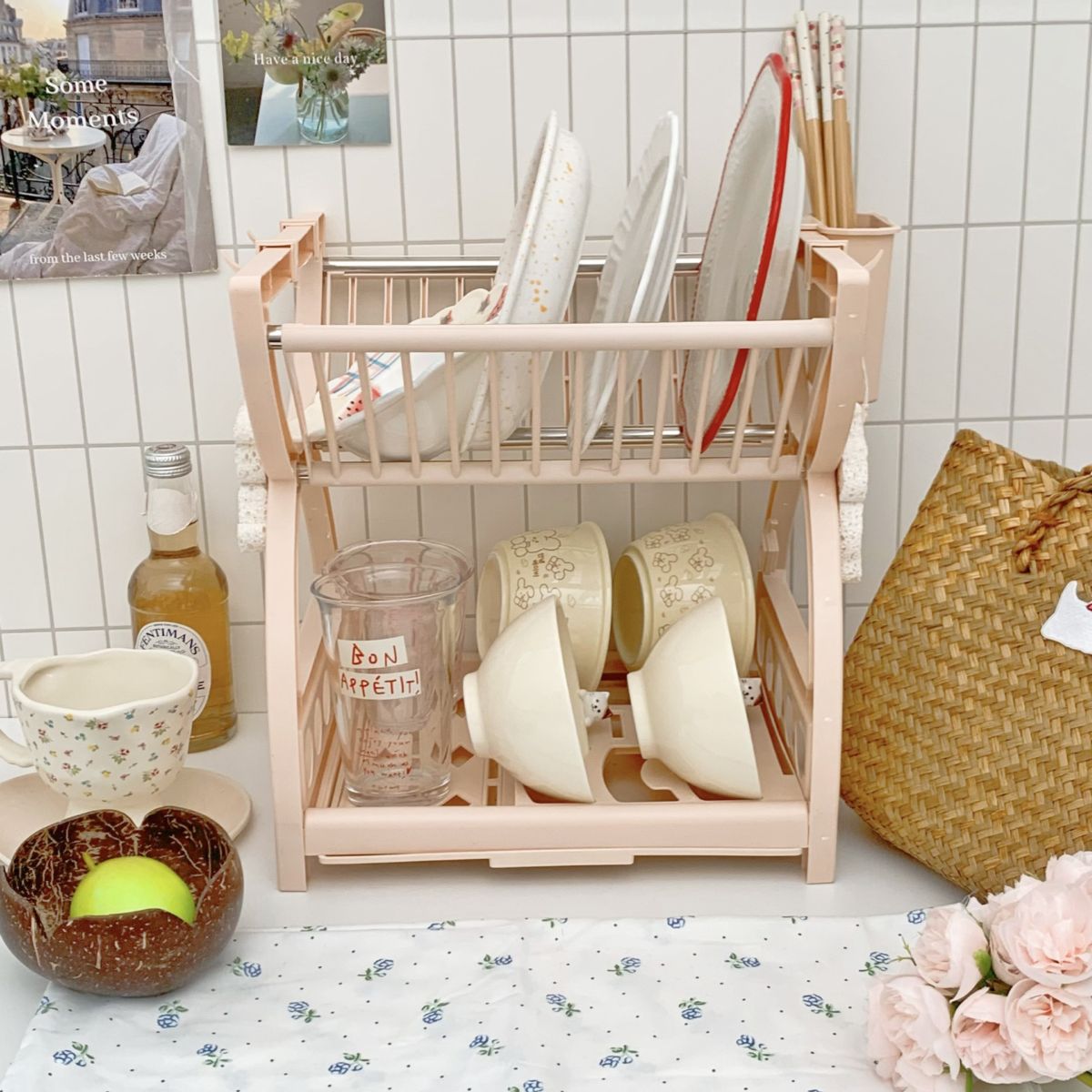 Double-layer kitchen storage rack with drain shelf for tableware