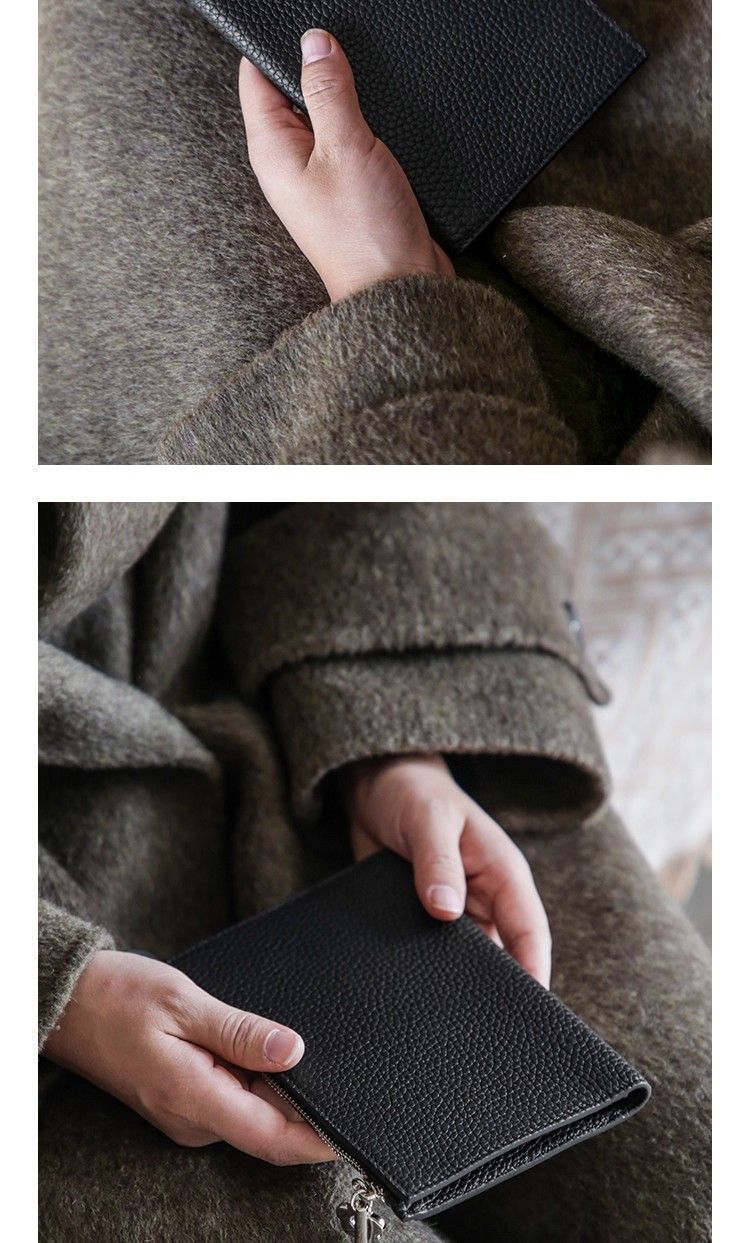 Genuine leather passport wallet, zipper, ultra-thin, multifunctional